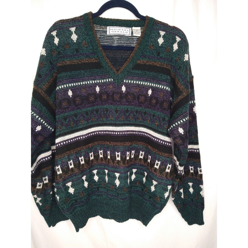 TRUE VTG Michael Gerald Geometric Colorful Crewneck Knit Sweater SZ Large 70s